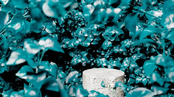 Mavi yapraklar ve taş podyum. Uzayın yeşil arkaplanı kopyala Doğal beton kaidesi. 3d oluşturma