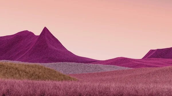 Paysage au coucher du soleil avec des sommets violets et un ciel rose. Fond abstrait minimal. Rendu 3d — Photo