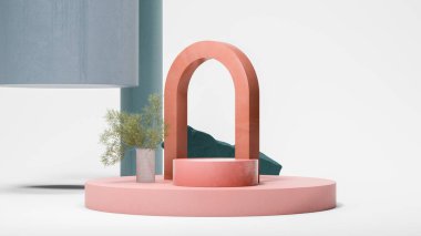 Geometrik figürlerle ve küçük zeytin ağacıyla parlak arkaplanda kavis somonu ve pembe yuvarlak podyum görüntüsü. Minimum tasarım. Uzayı kopyala Boşluk. 3d oluşturma.