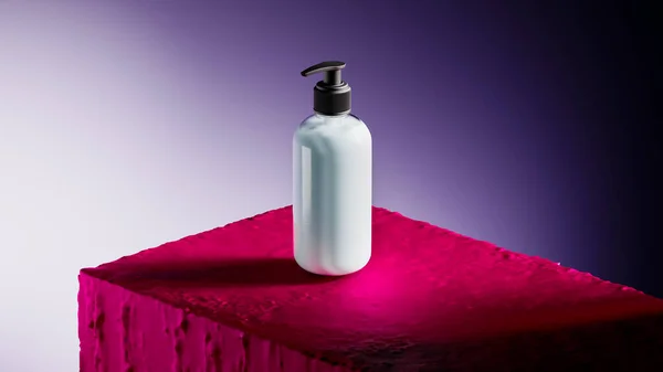 Cosmetico naturale sul palco minimale rosso brillante per la presentazione del prodotto. Sfondo viola. Barattolo cosmetico con crema, lozione finto. Distributore di shampoo, sapone liquido. rendering 3d — Foto Stock