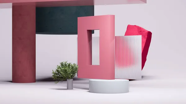 Čtvercový růžový oblouk se čtvercovým otvorem a bílým kulatým pódiem poblíž abstraktních geometrických figurek a rostlin na jasném pozadí. Minimální design. 3D vykreslování. — Stock fotografie
