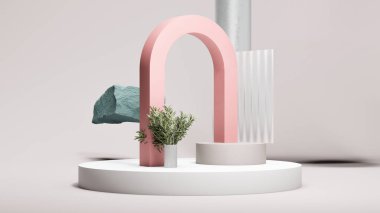 Büyük yuvarlak podyumda pembe yay, soluk gri arka plan ve yeşil bitki. Minimum tasarım. 3d oluşturma.