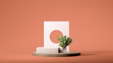 Turuncu arka planda küçük parlak şekiller. Minimum tasarım. 3d oluşturma.