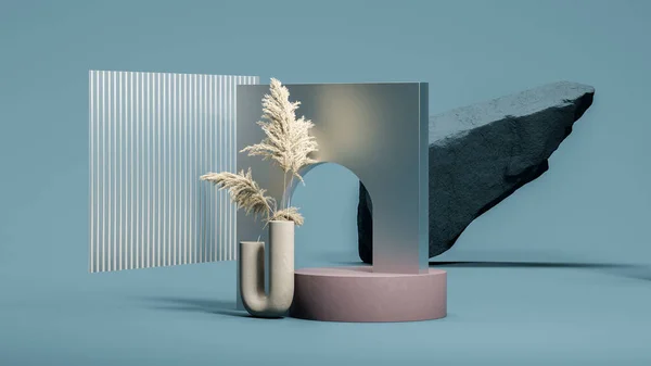 Kovový oblouk na malém růžovém pódiu se suchými rostlinami a tmavou skálou. Minimální design. 3D vykreslování. — Stock fotografie
