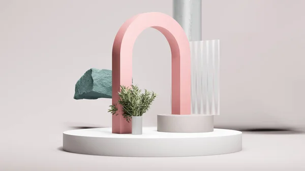 Arc rose sur le grand podium rond avec fond gris pâle avec plante verte. Conception minimale. Rendu 3d. — Photo