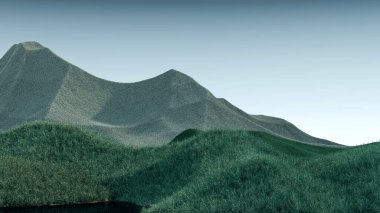 Soluk yeşil tepeleri ve gri gökyüzü olan gerçeküstü dağlar. Asgari soyut arkaplan. Hafif gürültülü, tüylü bir yüzey. 3d oluşturma
