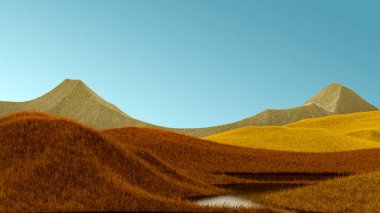 Kırmızı tepeleri ve pembe gökyüzü olan gerçeküstü dağlar. Asgari soyut arkaplan. Hafif gürültülü, tüylü bir yüzey. 3d oluşturma