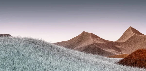 Σουρεαλιστικό ορεινό τοπίο με καφέ κορυφές και σκούρο μπλε ουρανό. Ελάχιστο αφηρημένο υπόβαθρο. Σακουλιασμένη επιφάνεια με ελαφρύ θόρυβο. 3d απόδοση — Φωτογραφία Αρχείου
