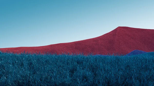Paisaje surrealista de montañas con picos rojos, azules y cielo azul azulado. Fondo abstracto mínimo. Superficie lanuda con un ligero ruido. renderizado 3d — Foto de Stock
