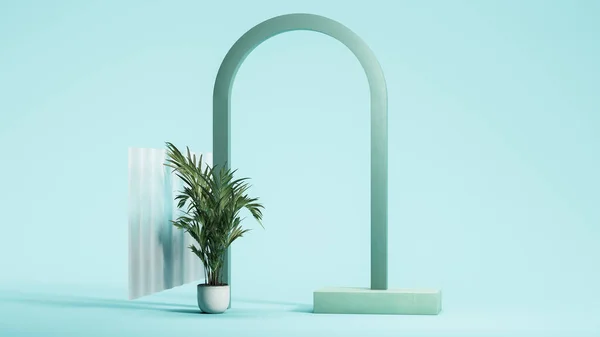 Arco colorido de hortelã em fundo de hortelã perto de pequena planta. Design mínimo. Espaço para cópia. Um espaço vazio. Renderização 3d. — Fotografia de Stock