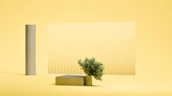 Žlutý prázdný billboard poblíž abstraktních figurek a malé rostliny na jasně žlutém pozadí. Rozumím. Prázdné místo. 3D vykreslování. — Stock fotografie
