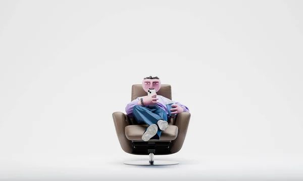 Айоме Трапаттони лежит на кресле и заглядывает в Интернет. Высоко детализированный модный стильный абстрактный характер. 3d-рендеринг — стоковое фото