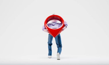 Muhteşem Travor sırtında kocaman bir coğrafi iğne taşıyor. Seyahat konsepti. Son derece detaylı, modaya uygun, soyut bir karakter. 3d oluşturma