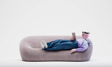 Muhteşem Travor kanepede yatar ve tablete bakar. Son derece detaylı, modaya uygun, soyut bir karakter. 3d oluşturma