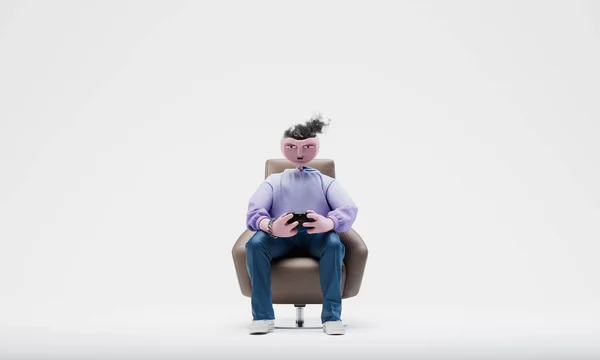Адам Траоре сидит на современном стуле с игровым автоматом в руках. Высоко детализированный модный стильный абстрактный характер. 3d-рендеринг — стоковое фото