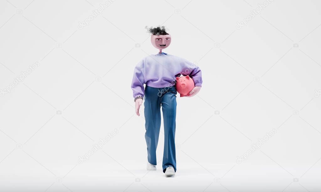 Awesome Travor walks with a piggy bank under his arm. Highly detailed fashionable stylish abstract character. 3d rendering