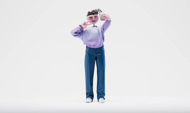 Muhteşem Travor gülümsüyor ve selfie çekiyor. Son derece detaylı, modaya uygun, soyut bir karakter. 3d oluşturma