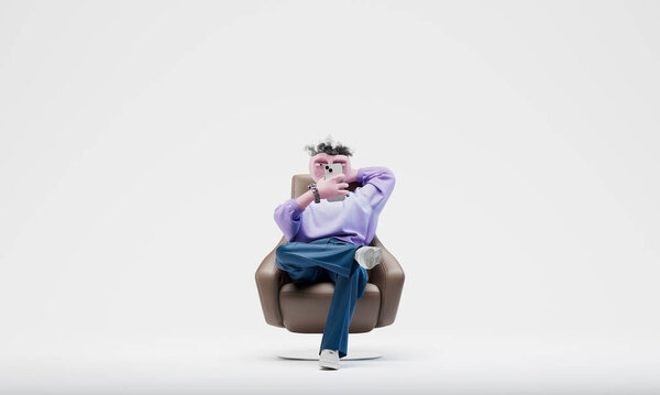 Awesome Travor sitting on an armchair and surfs the Internet. Highly detailed fashionable stylish abstract character. 3d rendering