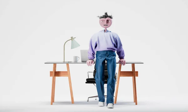 Потрясающий Тревор, стоящий на рабочем столе, как босс. Высоко детализированный модный стильный абстрактный характер. 3d-рендеринг — стоковое фото