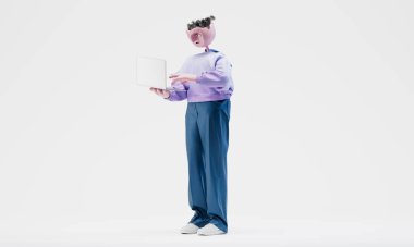 Muhteşem Travor dizüstü bilgisayarı açık duruyor. Çevrimiçi çalışma kavramı devam ediyor. Son derece detaylı, modaya uygun, soyut bir karakter. Sol görüş. 3d oluşturma. 