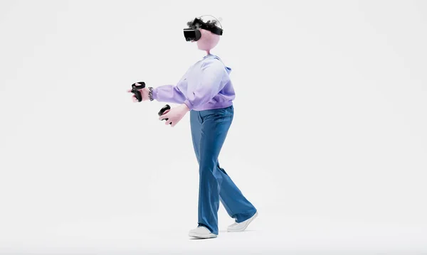 Úžasný Travor standingr s ručním ovladačem a VR helmou. Online herní koncept. Vysoce detailní módní stylový abstraktní charakter. Levý pohled. 3D vykreslování. — Stock fotografie