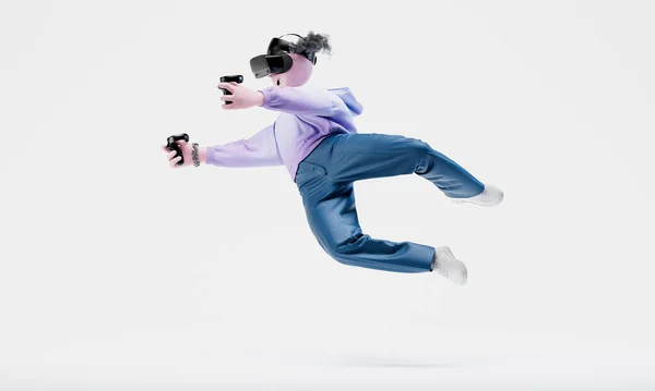 Génial Travor tombe en l'air avec des contrôleurs de main comme des pistolets et un casque VR. Concept de jeu de tir en ligne. Caractère abstrait élégant et à la mode très détaillé. Vue à gauche. Rendu 3d. — Photo