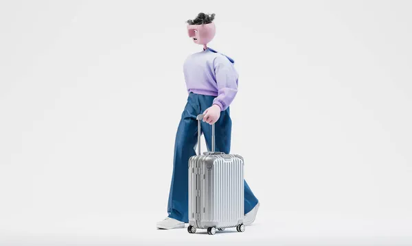 Awesome Travor walking with a suitcase. Travel concept. Highly detailed fashionable stylish abstract character.Left view. 3d rendering. — Stock Photo, Image