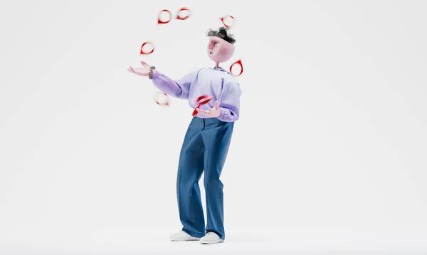 Geweldige Travor jonglert met hartpictogrammen. Social media populariteit concept. Zeer gedetailleerd modieus stijlvol abstract karakter. Links zicht. 3d destructie. — Stockfoto