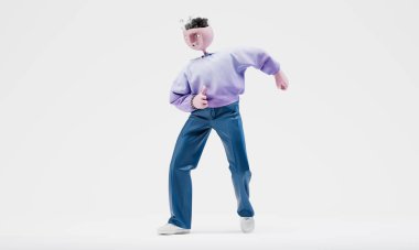 Muhteşem Travor neşeli bir duruşla baş parmağını kaldırdı. Son derece detaylı, modaya uygun, soyut bir karakter. Sol görüş. 3d oluşturma. 