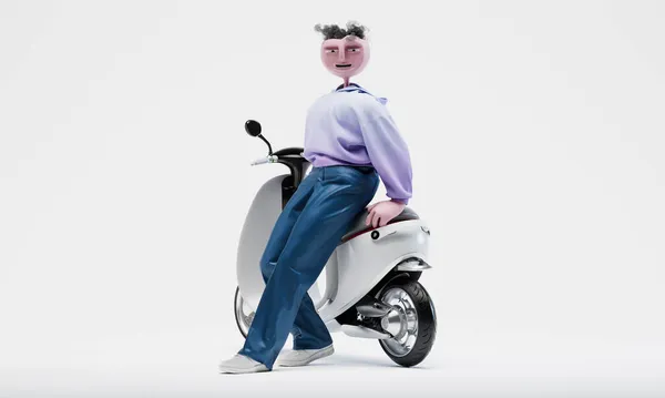 Génial Travor debout près de scooter électrique moderne. Le concept de transport écologique moderne. Caractère abstrait élégant et à la mode très détaillé. Vue à gauche. Rendu 3d. — Photo