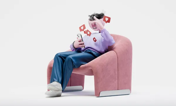 Адам Траволта садится на современный стул и делает селфи. Концепция популярности социальных сетей. Высоко детализированный модный стильный абстрактный характер. Вид слева. 3d-рендеринг. — стоковое фото