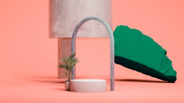 Yeşil taşın yanında gri mermer yay, küçük bitki, beton figürler ve parlak pembe arka planda beyaz kaide. 3 boyutlu görüntüleme. Sihirli gerçekçilik. modern sanat.