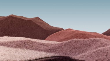 Soluk kahverengi tepeleri ve gri gökyüzü olan gerçeküstü dağlar. Asgari soyut arkaplan. Hafif gürültülü, tüylü bir yüzey. 3d oluşturma