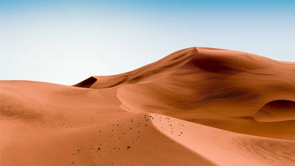 Blauer Himmel und dunkelorangefarbene Dünen. Wüstenlandschaft mit kontrastierendem Himmel. Minimaler abstrakter Hintergrund. 3D-Darstellung — Stockfoto