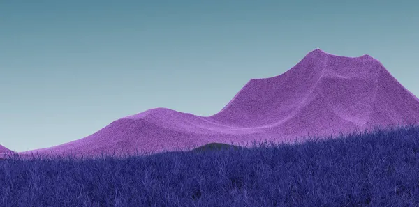 Paisaje surrealista de montañas con picos púrpura y cielo pálido azulado. Fondo abstracto mínimo. Superficie lanuda con un ligero ruido. renderizado 3d — Foto de Stock