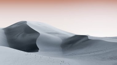 Gri kumullar ve parlak pembe gökyüzü. Kontrastlı gökyüzü olan çöl manzarası. Asgari soyut arkaplan. 3d oluşturma
