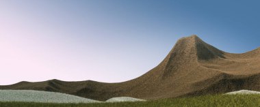 Yeşil ve kahverengi tepeleri ve mavi gökyüzü olan sürreal dağlar. Asgari soyut arkaplan. Hafif gürültülü, tüylü bir yüzey. 3d oluşturma