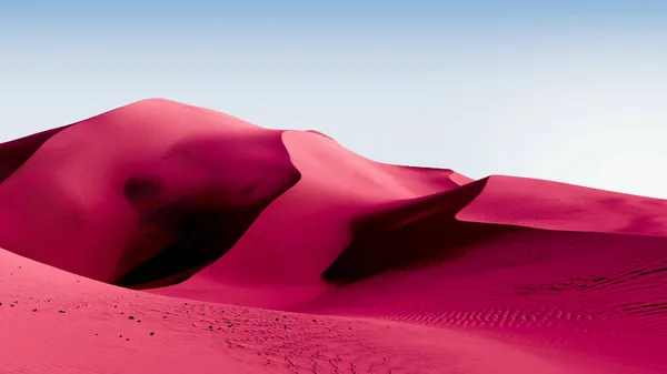 Kontrast dazu rosa Dünen und blauer Himmel. Wüstenlandschaft mit kontrastierendem Himmel. Minimaler abstrakter Hintergrund. 3D-Darstellung — Stockfoto