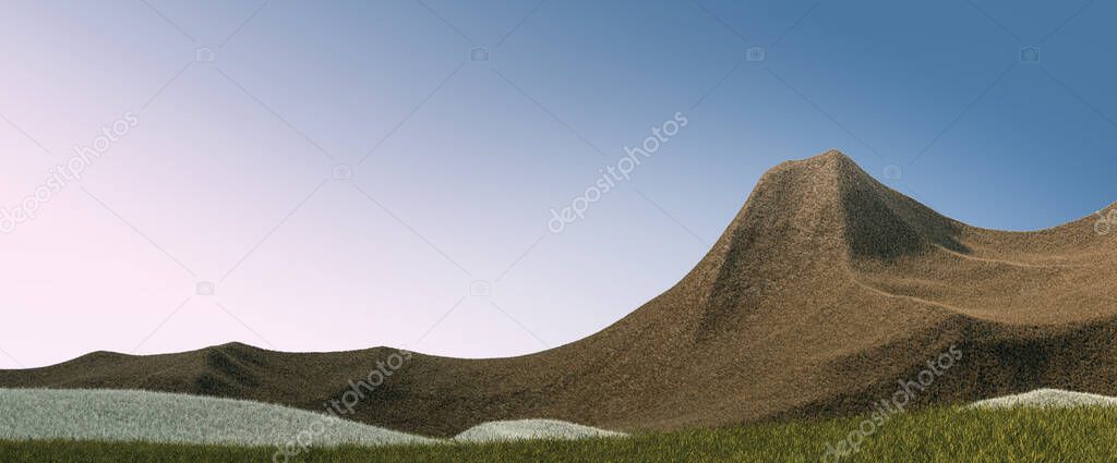 Surreal mountains landscape with green and brown peaks and blue sky. Minimal abstract background. Shaggy surface with a slight noise. 3d rendering