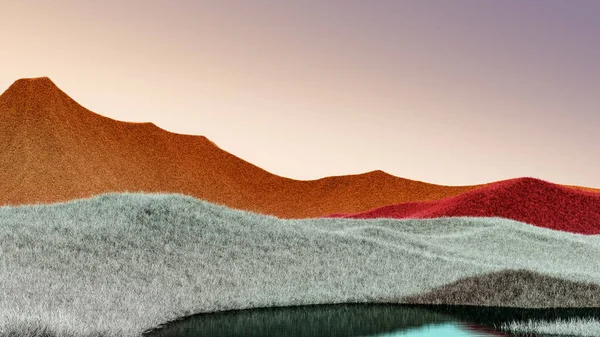Paysage montagneux surréaliste avec des sommets orange foncé et un ciel rose. Fond abstrait minimal. Surface agitée avec un léger bruit. Rendu 3d — Photo
