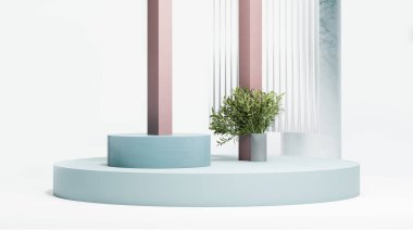 Nane renginde, parlak arkaplanda bitki ve farklı geometrik figürlere sahip bir vitrin olarak podyum görüntüsü. Minimum tasarım. 3d oluşturma.