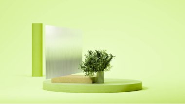 Açık yeşil arka planda, küçük ağaçlı, şam fıstığı renginde bir podyum. Minimum tasarım. 3d oluşturma.