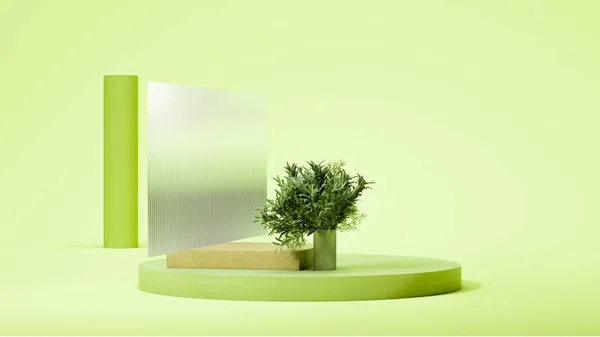 Rodada pistache colorido pódio exibição no fundo verde claro com pequena árvore. Design mínimo. Renderização 3d. — Fotografia de Stock