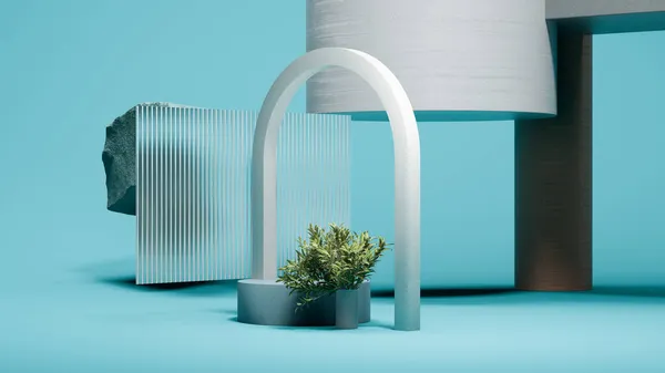 Grå båge och rund podium display på den rosa bakgrunden med liten palm. Minimal design. 3d-konvertering. — Stockfoto