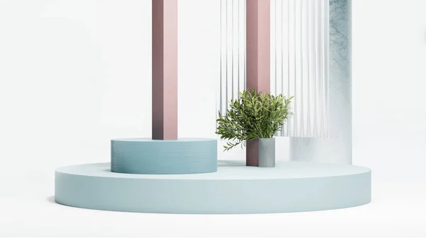 Máta barevné kulaté pódium displej jako vitrína s rostlinou a různé geometrické postavy na jasném mátovém pozadí. Minimální design. 3D vykreslování. Stock Obrázky