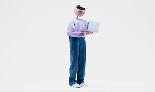 Awesome Travor standing with an open laptop. Concept of online work on the go. Highly detailed fashionable stylish abstract character. Right view. 3d rendering. — Stock Photo, Image