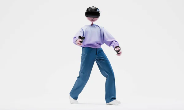 Super Travor debout avec des contrôleurs manuels et un casque VR. Concept de jeu en ligne. Caractère abstrait élégant et à la mode très détaillé. Vue droite. Rendu 3d. — Photo