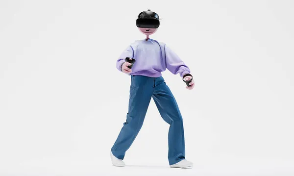 Úžasný Travor standingr s ručním ovladačem a VR helmou. Online herní koncept. Vysoce detailní módní stylový abstraktní charakter. Pravý výhled. 3D vykreslování. Royalty Free Stock Fotografie
