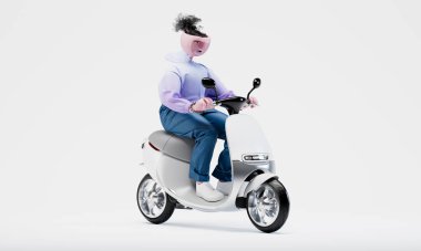 Muhteşem Gezgin, modern elektrikli scooterına biniyor. Modern ekolojik ulaşım kavramı. Son derece detaylı, modaya uygun, soyut bir karakter. Doğru manzara. 3d oluşturma.