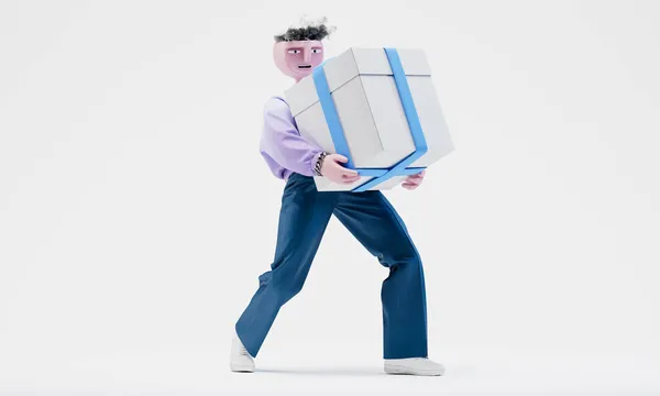 Великолепный Трэвор носит огромную подарочную коробку с бантиком. Высоко детализированный модный стильный абстрактный характер. Правильный вид. 3d-рендеринг. — стоковое фото